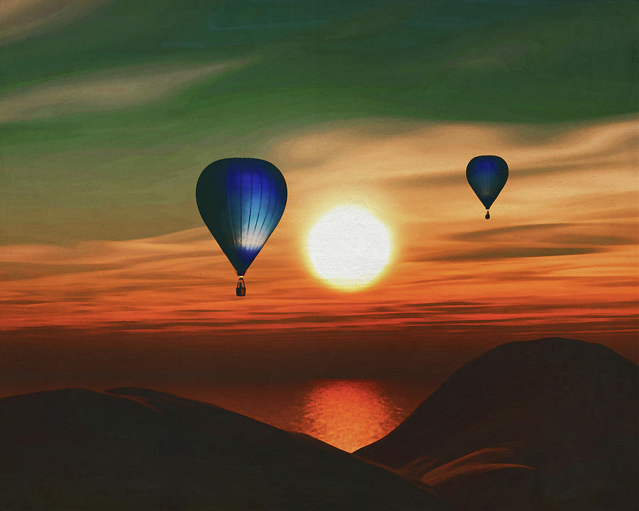 Hot air balloons sail over the sea sunset Painting by Jan Keteleer
