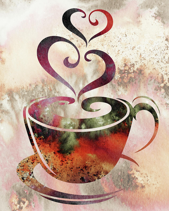 Hot Beige Brown Colorful Warm Coffee Cup With Two Sweet Hearts Watercolor Painting by Irina Sztukowski