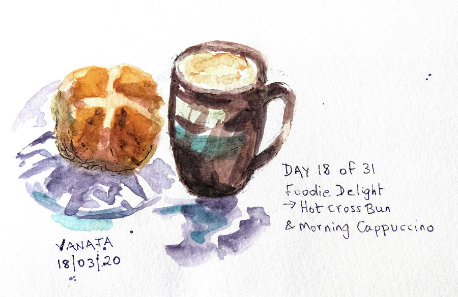 Hot Cross Bun and Cappuccino Painting by Vanajas Fine-Art