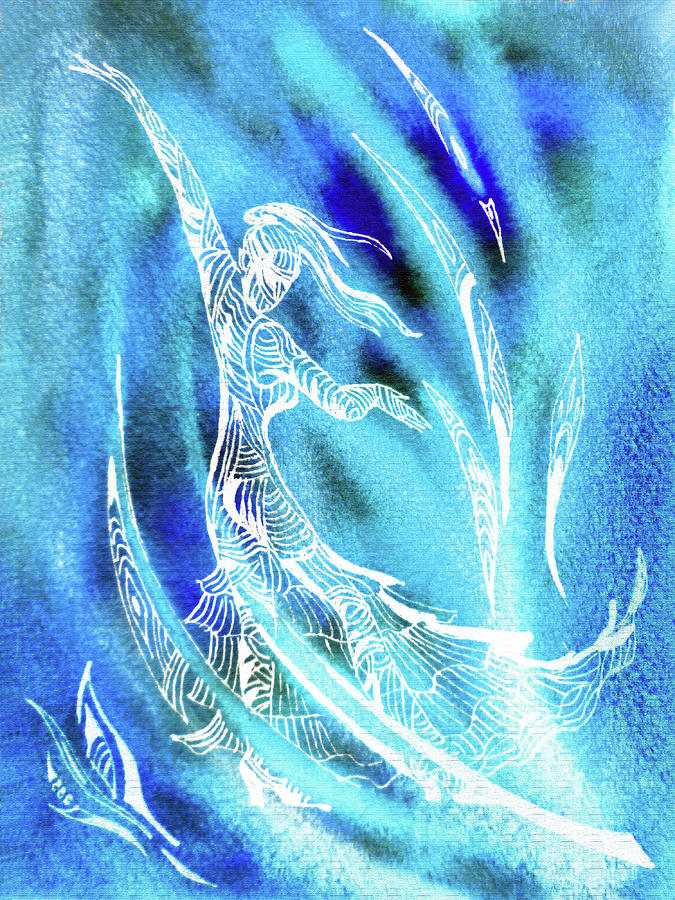 Hot Dance In Cold Blue Ocean Wave Watercolor Painting