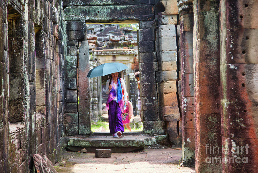 Cambodia Photograph - Hot Day Asian Woman Exploring Temples Cambodia Umbrella Color by Chuck Kuhn Cambodia Photograph - Hot Day Asian Woman Exploring Temples Cambodia Umbrella Color by Chuck Kuhn