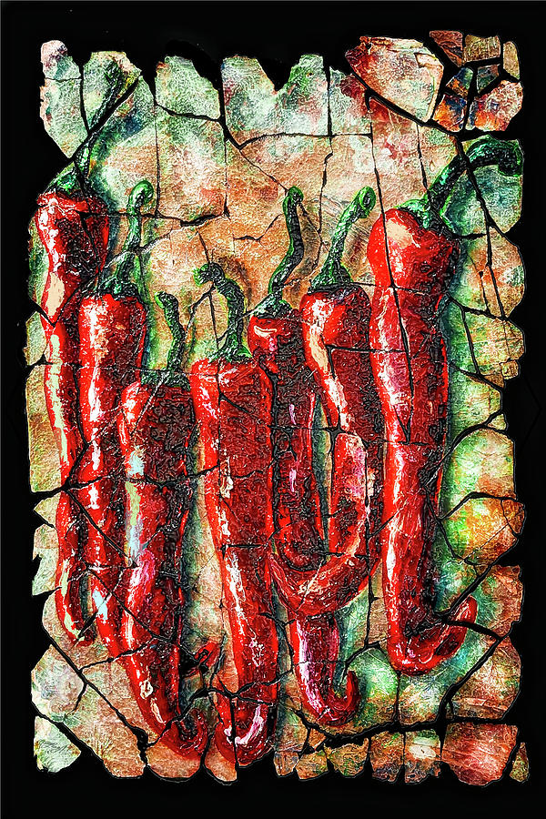 Hot Peppers fresco with Crackled Background  Painting by OLena Art