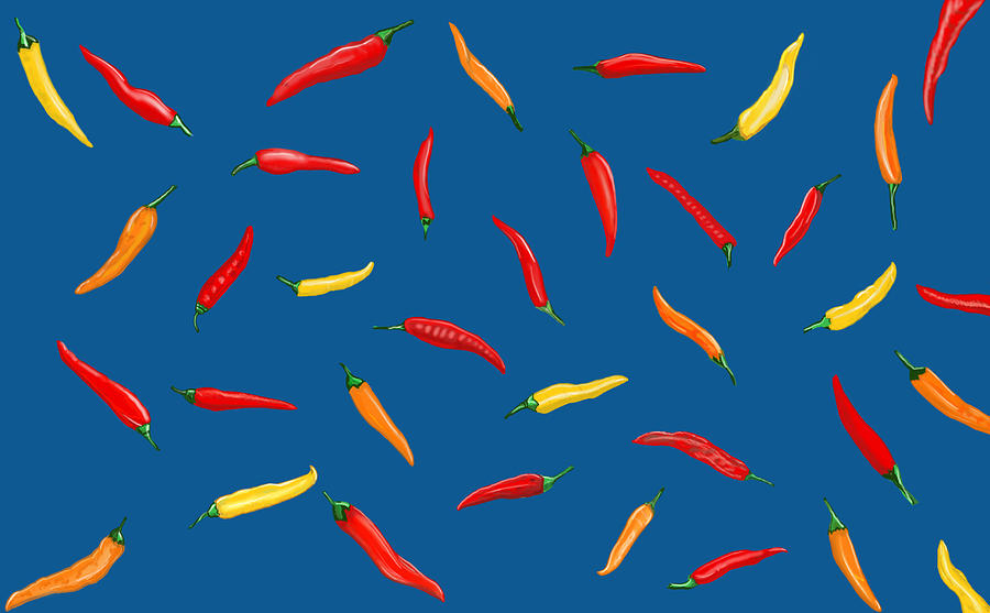 Hot Peppers on Blue Mixed Media by Judy Cuddehe
