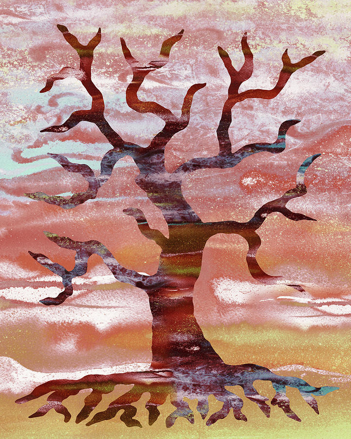 Hot Red Brown Yellow Tree Of Life Abstract Watercolor Silhouette Painting