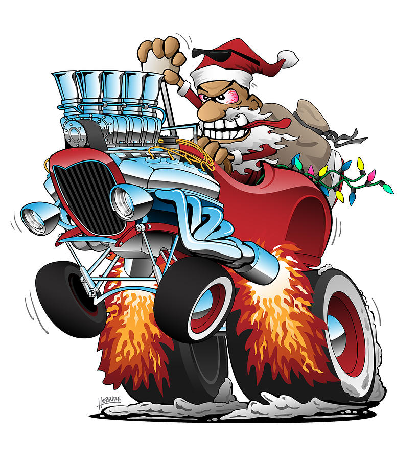 Hot Rod Santa Christmas Cartoon Digital Art