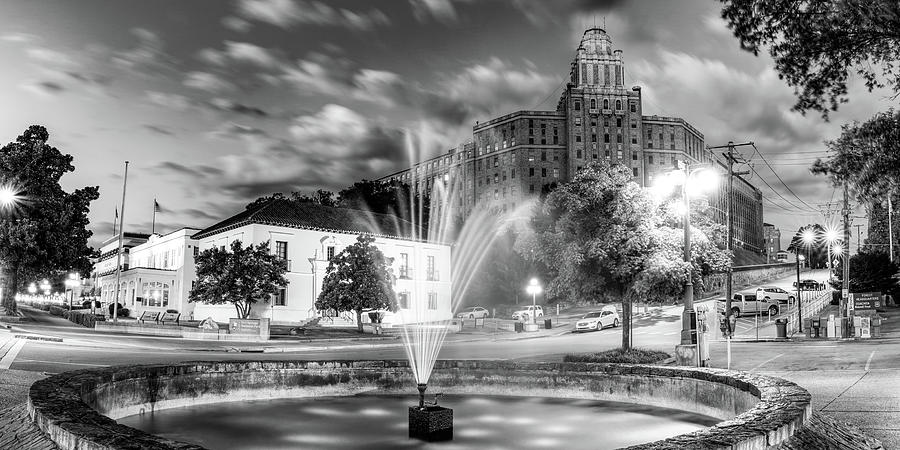 Black And White Photograph - Hot Springs Arkansas Skyline and Fountain Panorama - Black and White by Gregory Ballos