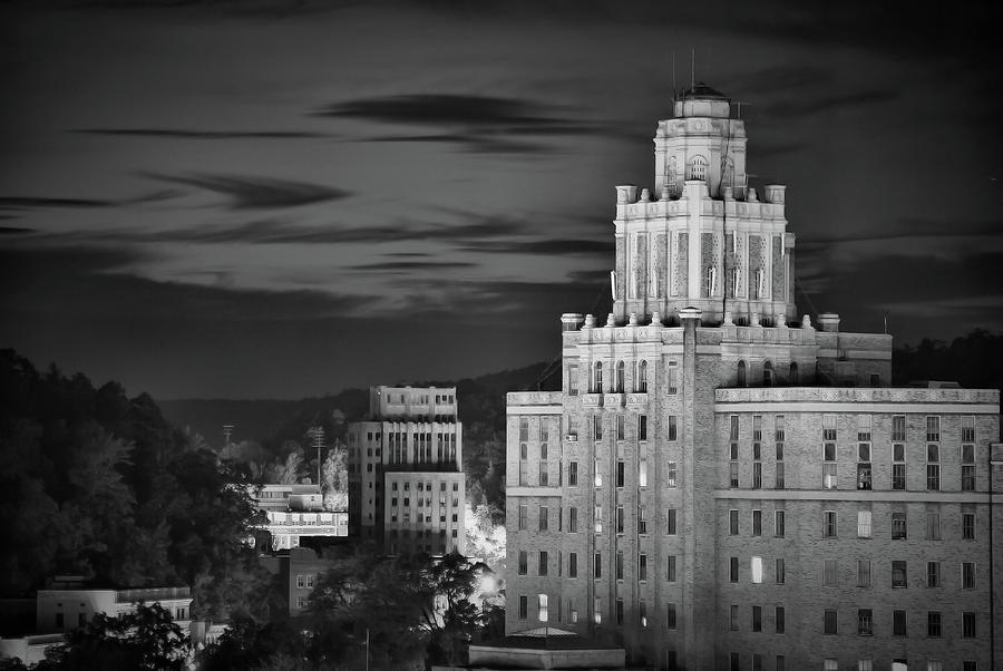 Black And White Photograph - Hot Springs Arkansas Skyline and Old Army Navy Hospital in Monochrome by Gregory Ballos