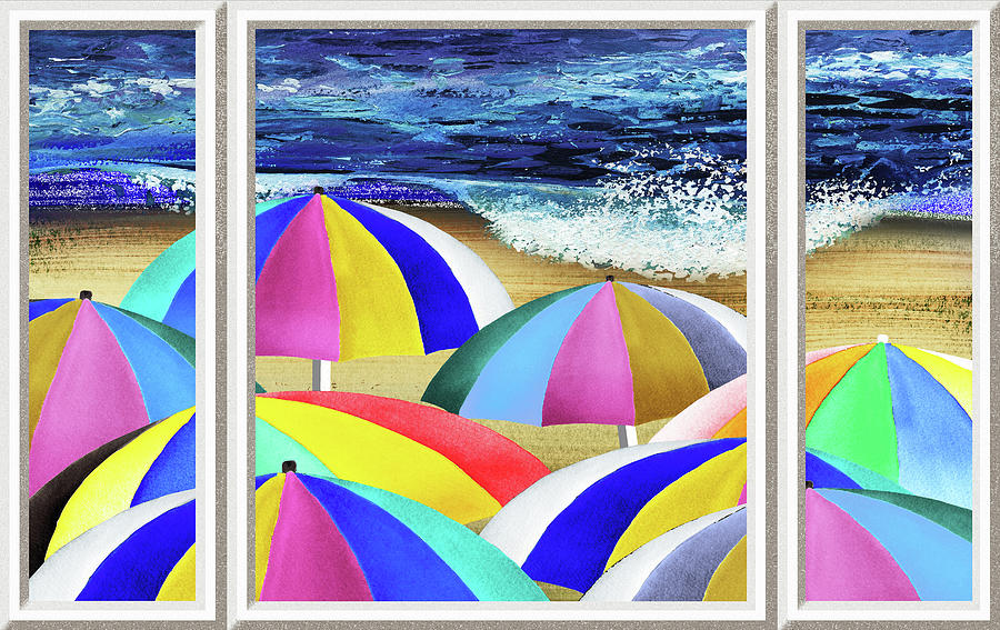Hot Summer Season Beach House Window View Ocean Shore Umbrellas Watercolor Painting by Irina Sztukowski