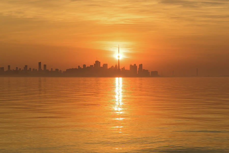 Hot Timing - The Sun Rising Right Behind Toronto CN Tower Photograph by Georgia Mizuleva