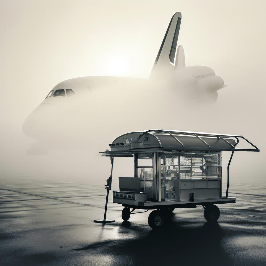 Black And White Digital Art - Hotdog Cart on Airport Tarmac by Yo Pedro