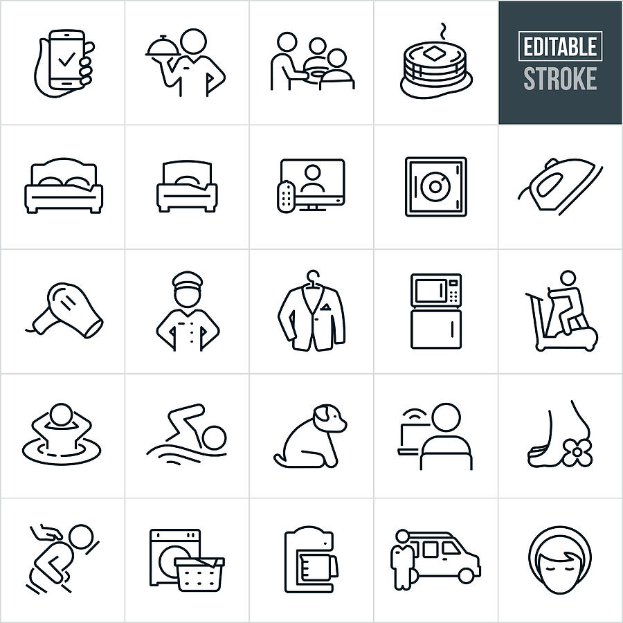 Hotel Amenities Thin Line Icons - Editable Stroke Drawing by Appleuzr