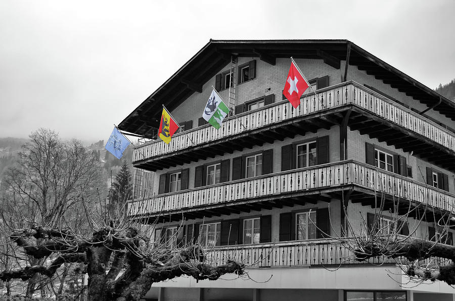 Hotel Flags in Lauterbrunnen Village Jungfrau Region Early Spring Switzerland Color Splash Digital Art by Shawn OBrien