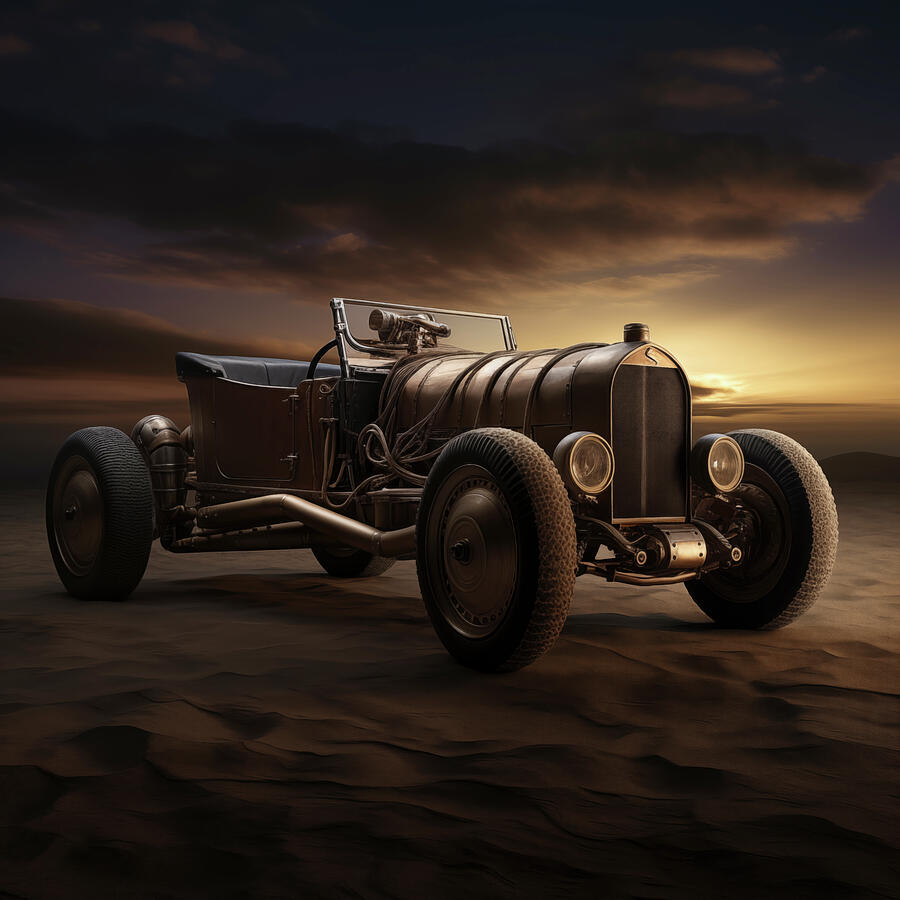 Hotrod Steampunk Roadster At Sunset In The Wilderness Digital Art