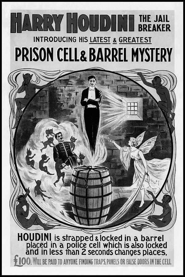 Vintage Photograph - Houdini The Jail Breaker Vintage Retro Advertising Poster Black and White  by Carol Japp