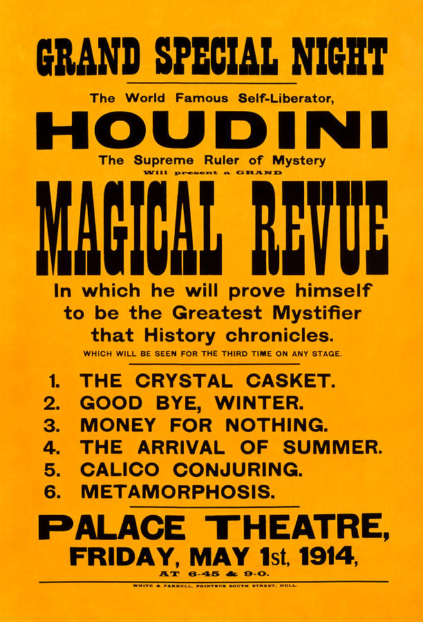 Houdini The Supreme Ruler Of Mystery Will Present A Grand Magical Revue - 1914 Mixed Media by War Is Hell Store