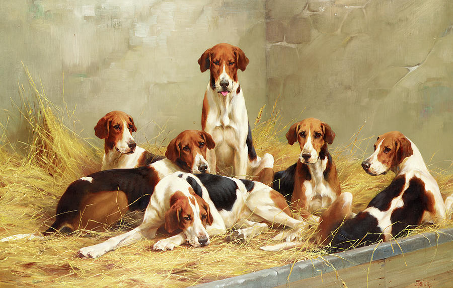 Beagle Painting - Hounds in a Kennel by Thomas Blinks