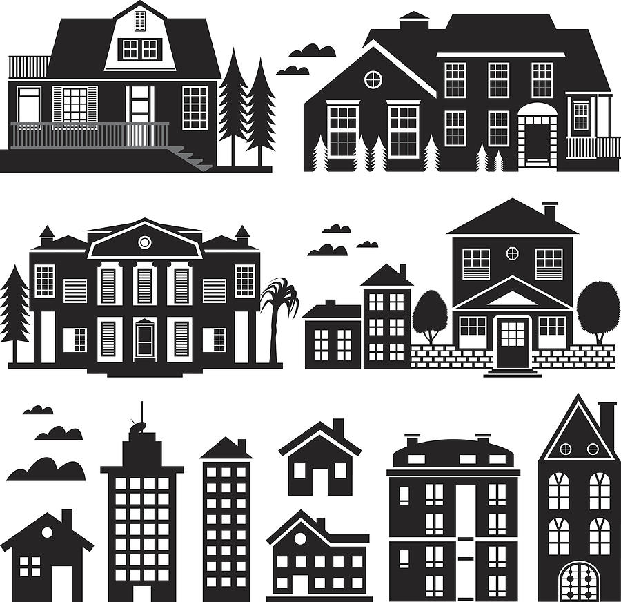 House and Apartment Building Silhouette, Icon Set Drawing by Halepak
