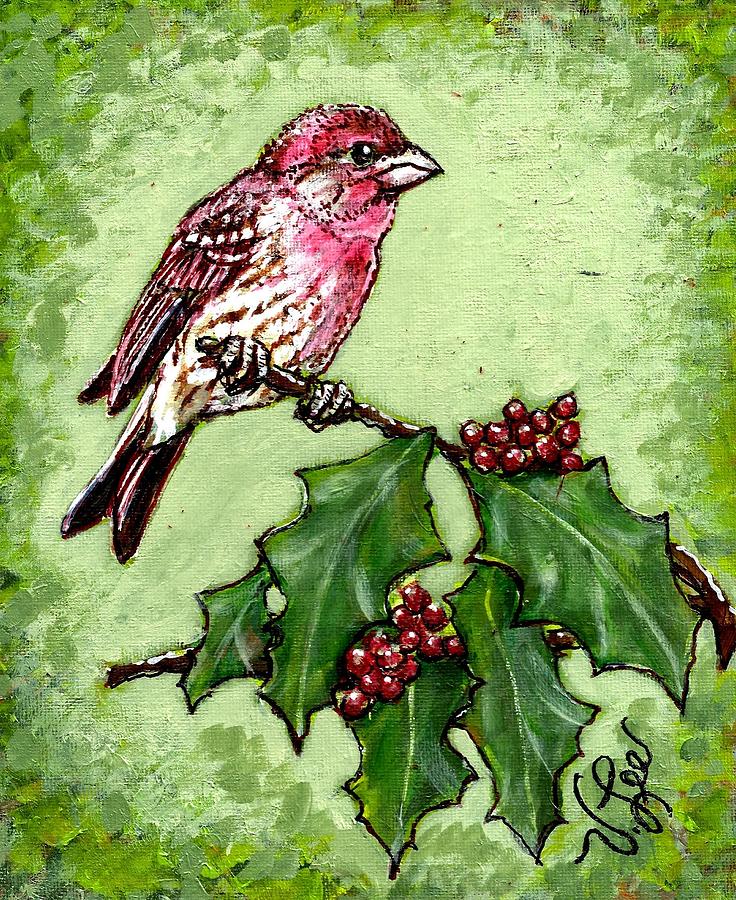 House Finch with Holly Painting by VLee Watson