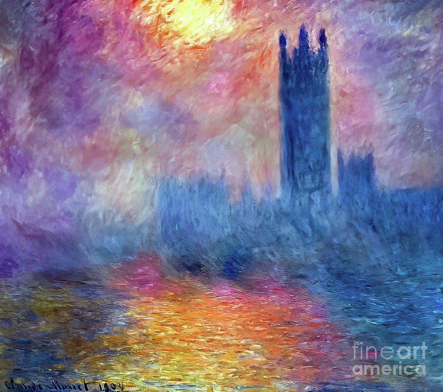 House of Parliament, London, Sun Breaking Through by Claude Mone Painting by Claude Monet