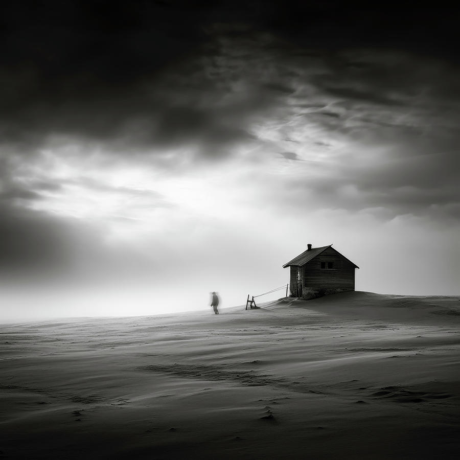 Black And White Digital Art - House on a Winter Hill in Fog by Yo Pedro