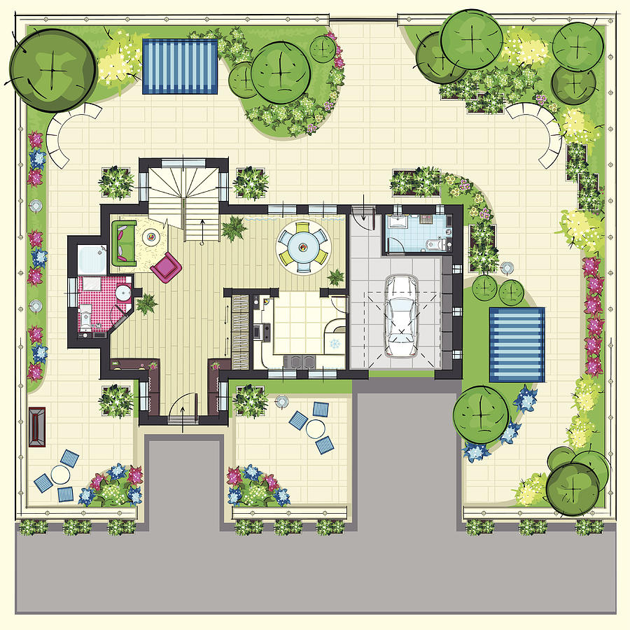 House plan with a beautiful garden and four lounge zones Drawing by Chuvipro