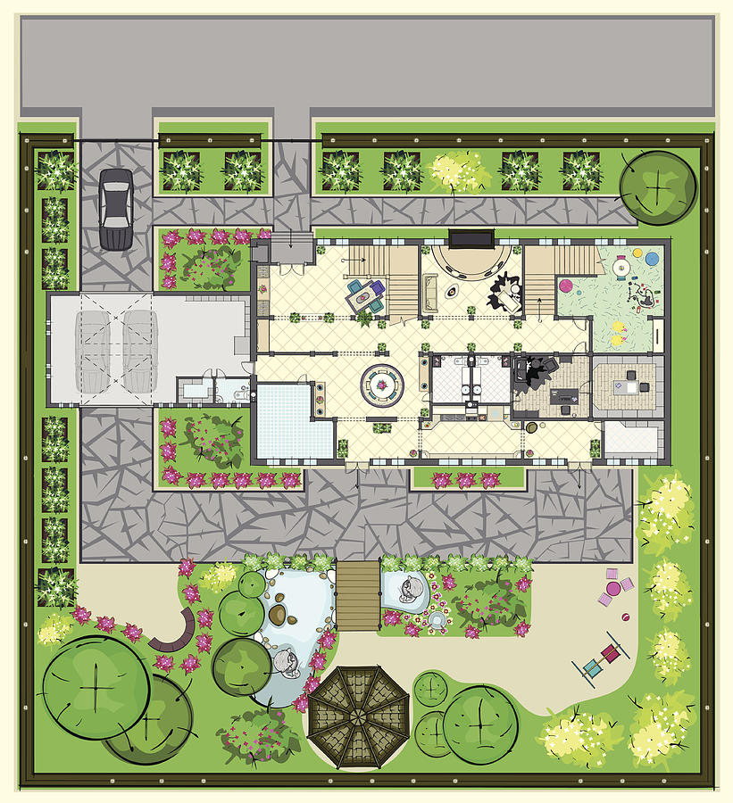 House plan with furnishings and beautiful garden Drawing by Chuvipro