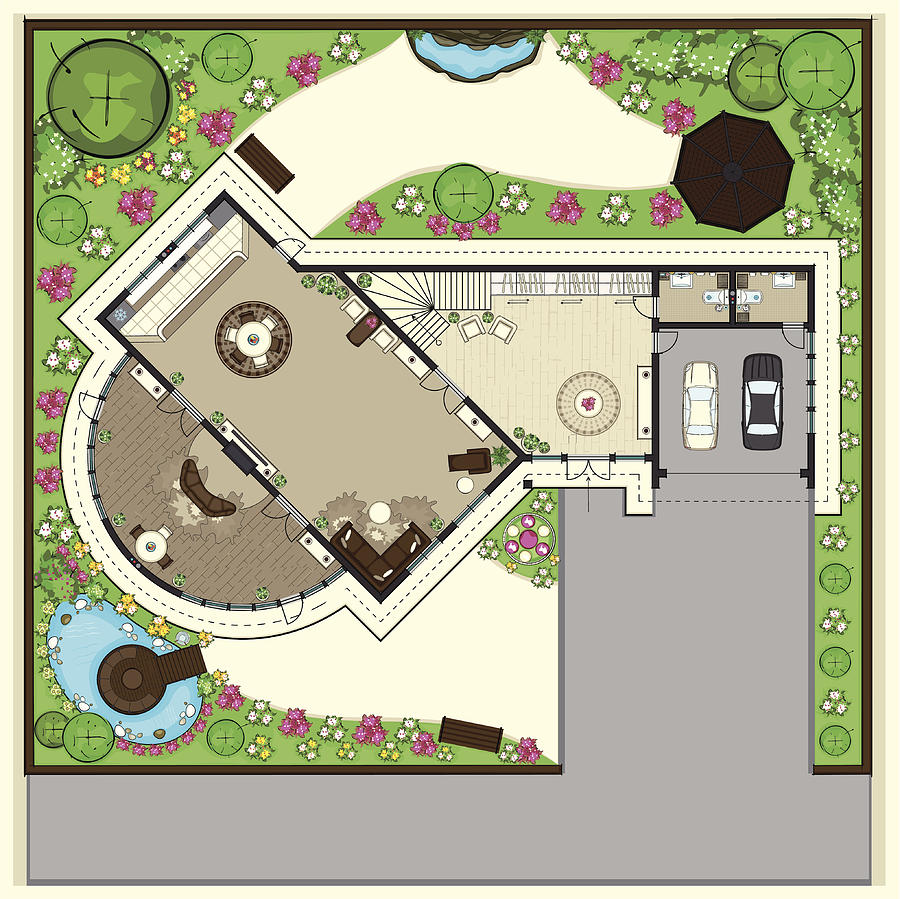 House top plan with a beautiful garden Drawing by Chuvipro