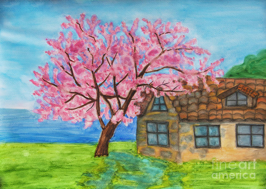 House with cercis tree on sea shore in Bulgaria Painting by Irina Afonskaya