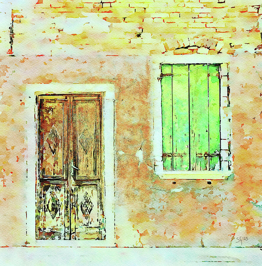 House with Green Shutters Watercolor Painting  Mixed Media by Shelli Fitzpatrick
