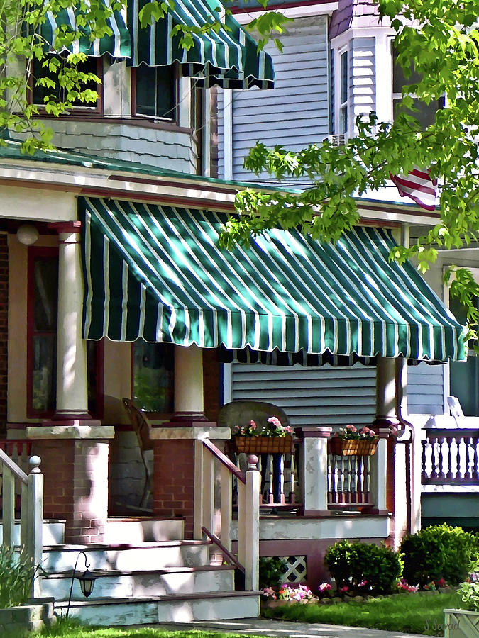 House With Green Striped Awnings Photograph by Susan Savad