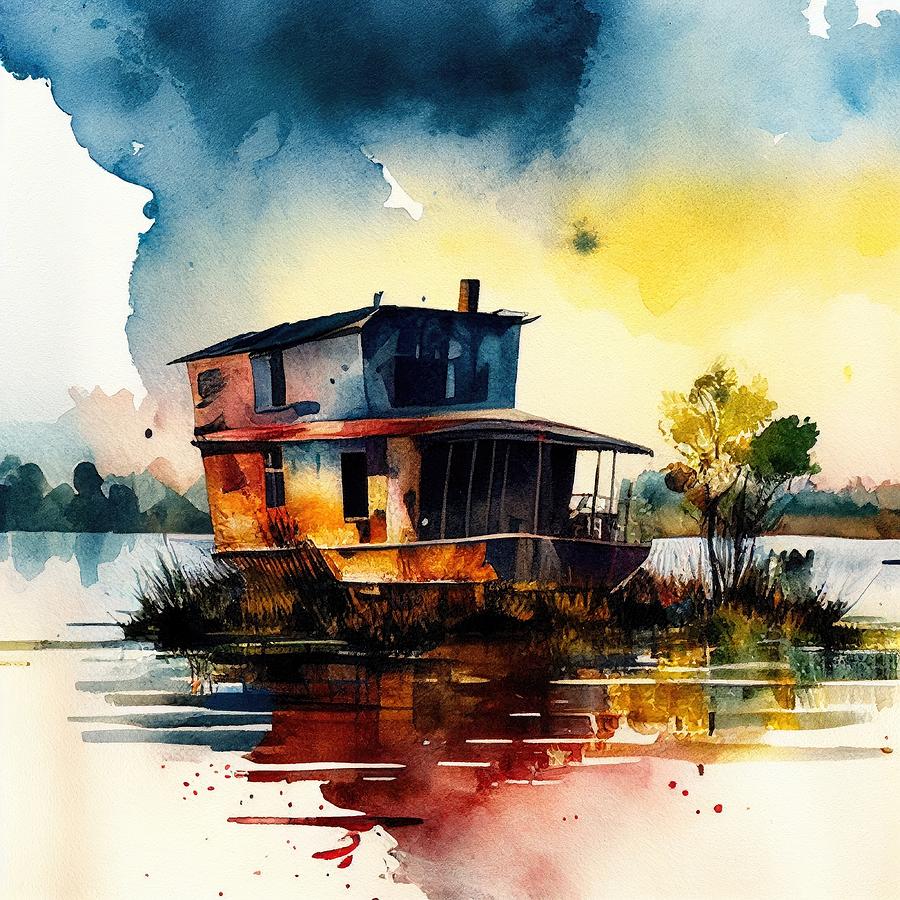 Boat Painting - Houseboat in the lake by My Head Cinema