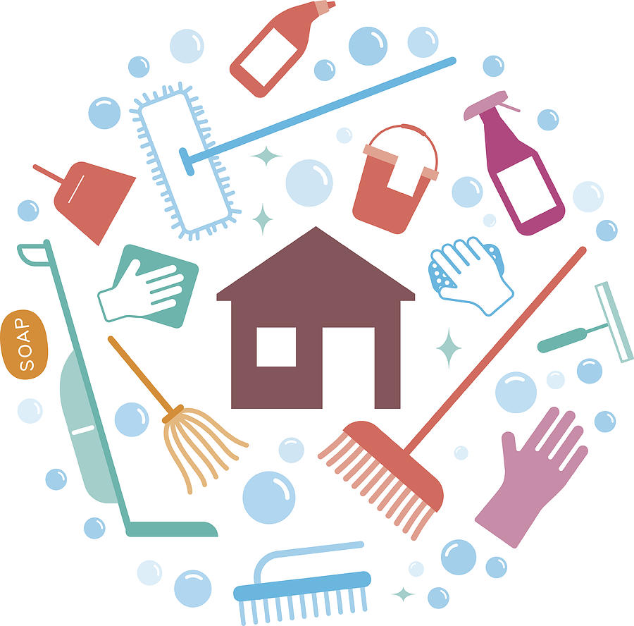 Household Cleaning Supplies Icon Set Along The House Drawing by Hakule