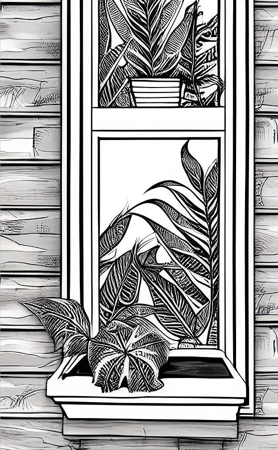 Houseplants No2 BW line art Digital Art by Bonnie Bruno