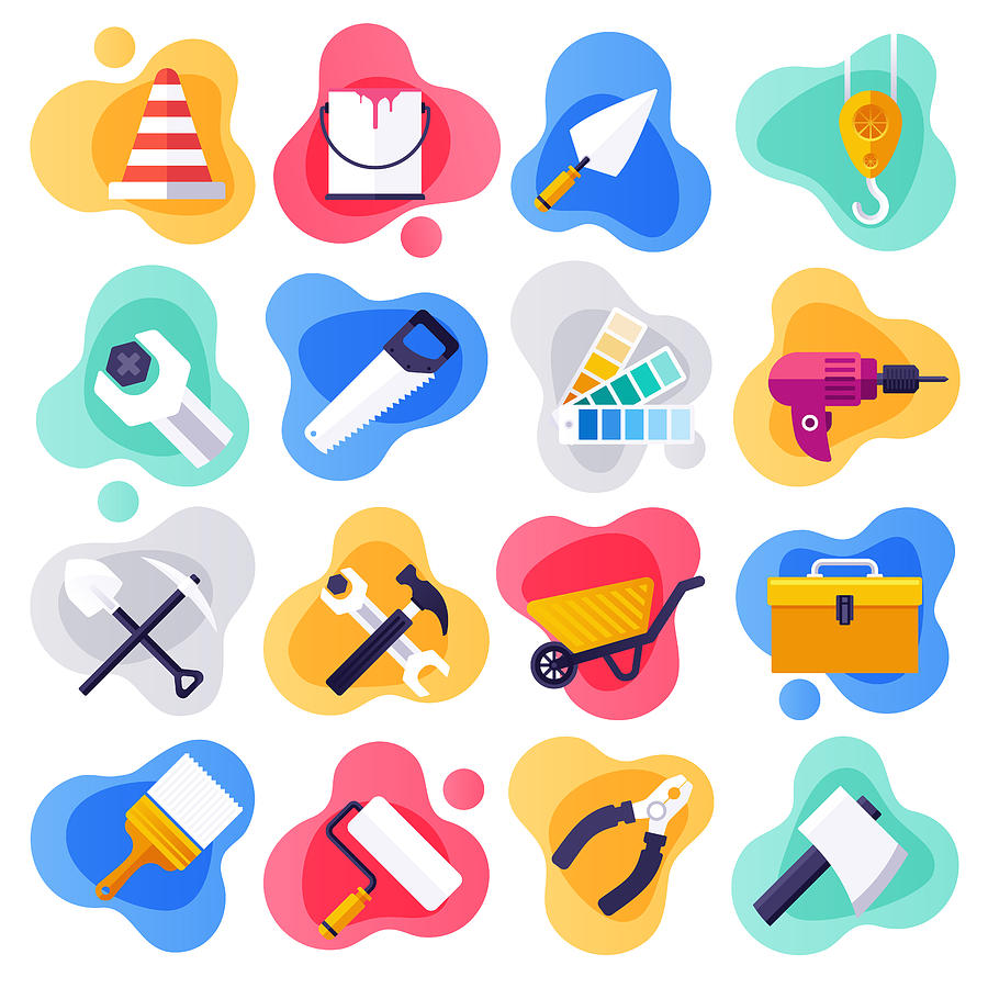 Housing Assistance & Handyman Service Flat Liquid Style Vector Icon Set Drawing by Denkcreative