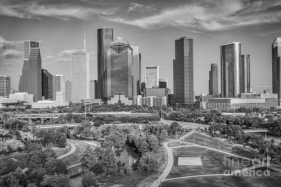 Houston Photograph - Houston Aerial Skyline Black and White by Bee Creek Photography - Tod and Cynthia