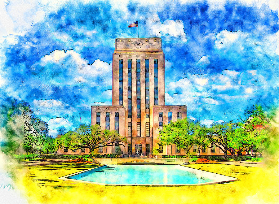 Houston City Hall - pen and watercolor Digital Art by Nicko Prints