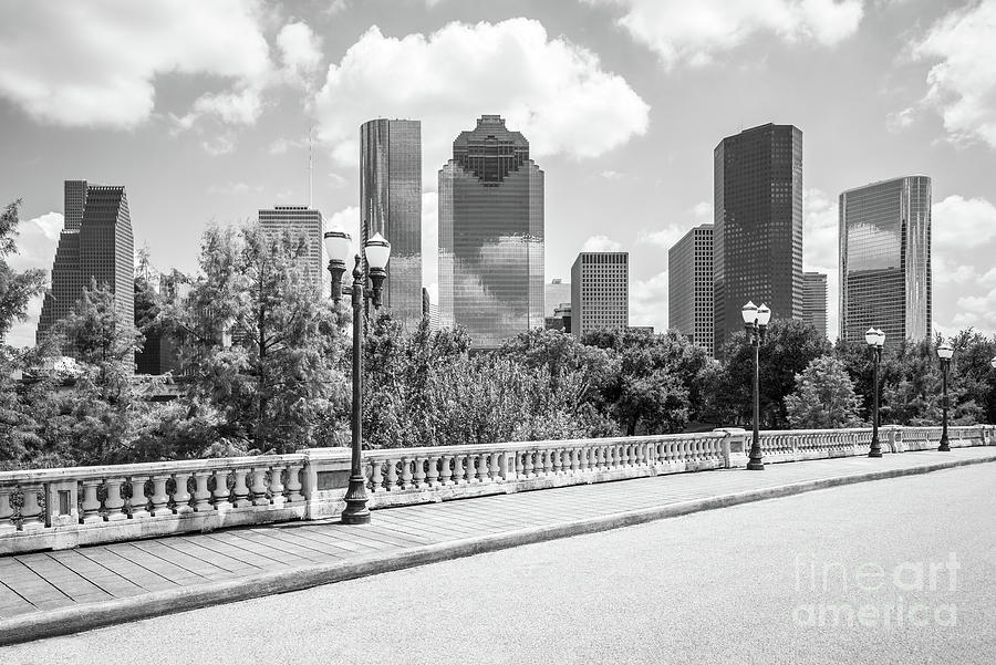 Houston Skyline and Sabine Street Bridge Black and White Photo Photograph by Paul Velgos