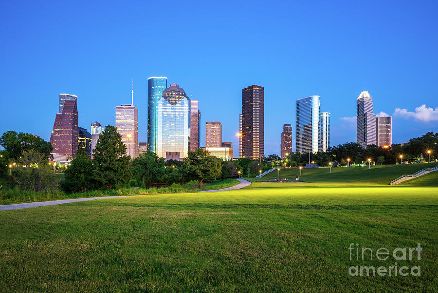 Houston Skyline at Night and Eleanor Tinsley Park Photo Photograph by Paul Velgos