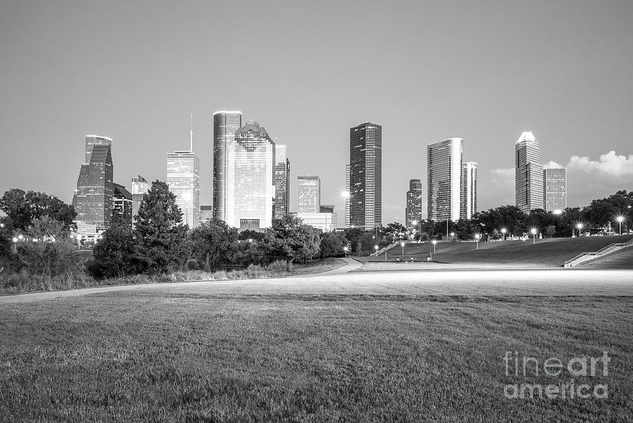 Houston Skyline at Night Black and White Photo Photograph by Paul Velgos