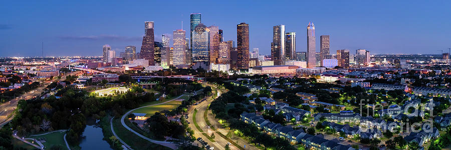 Houston Skyline Photograph - Houston Skyline at Twilight Pano2 by Bee Creek Photography - Tod and Cynthia