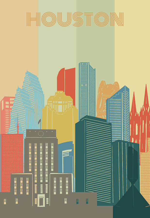 Houston Skyline Retro Digital Art by Bekim M