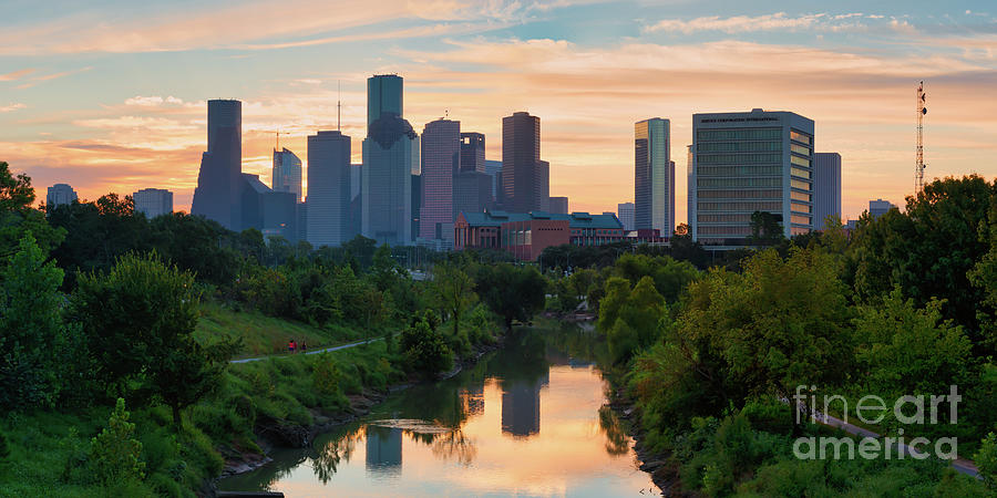 Houston Skyline Sunrise Bayou Pano Photograph By Bee Creek Photography ...