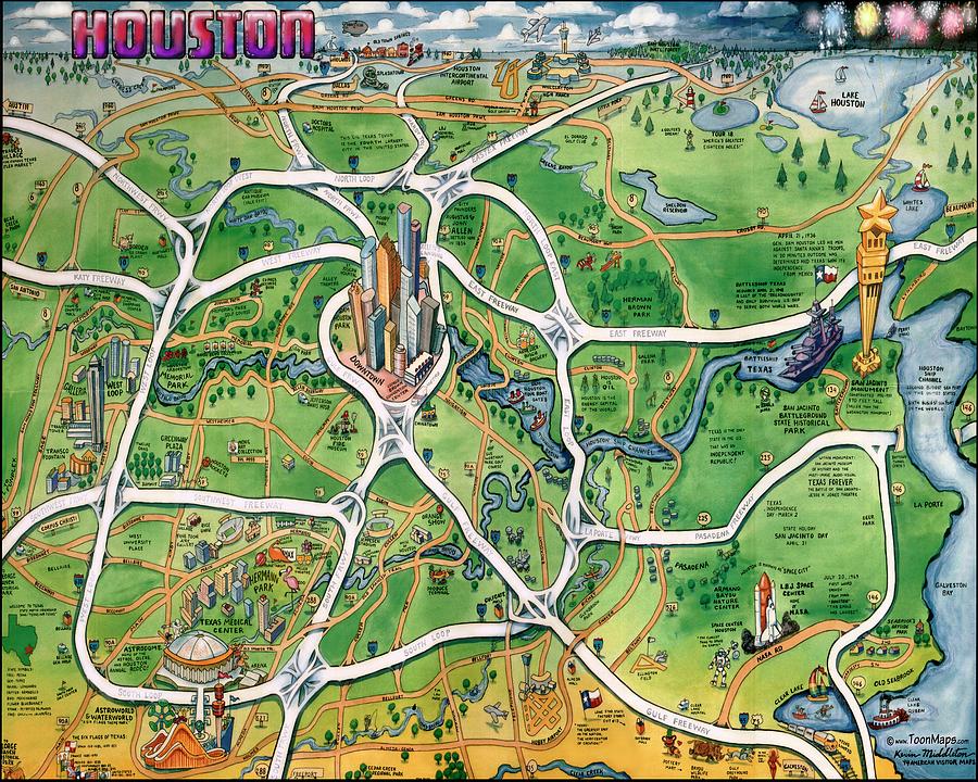 Houston Texas Cartoon Map Painting by Kevin Middleton