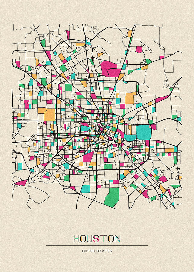 Memento Movie Drawing - Houston, Texas City Map by Inspirowl Design