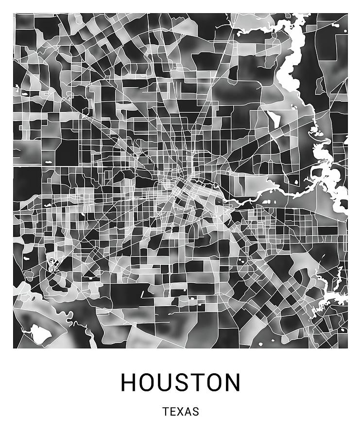 Houston Texas Named City Map - Black and White Digital Art by Stylish