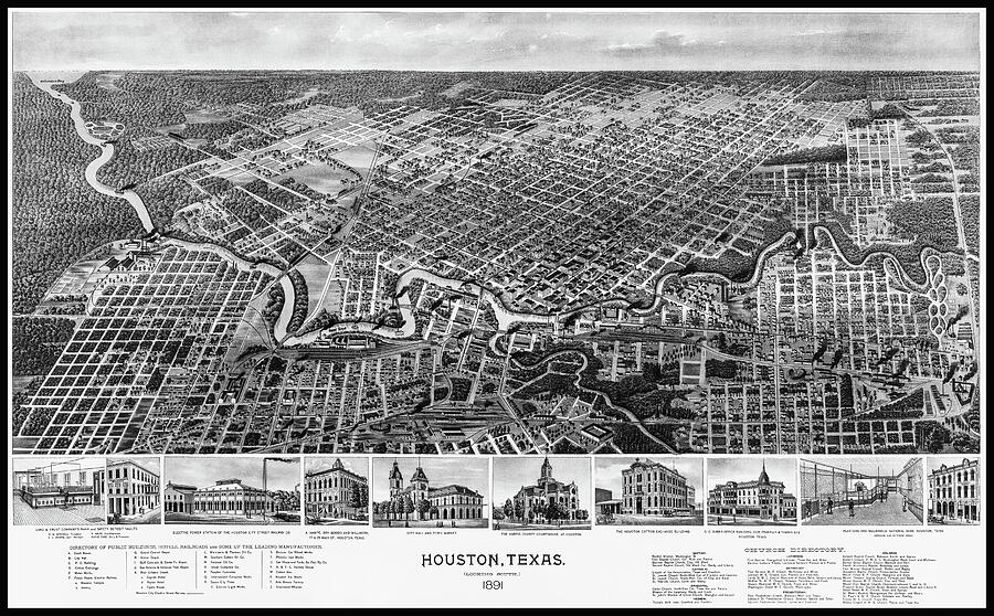 Houston Texas Vintage Map Birds Eye View 1891 Black and White Drawing by Carol Japp Houston Texas Vintage Map Birds Eye View 1891 Black and White Drawing by Carol Japp