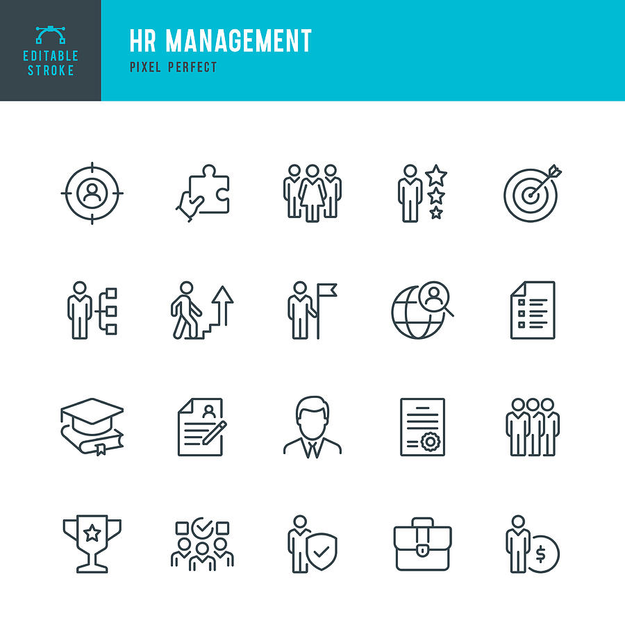 HR Management - thin line vector icon set. Pixel perfect. Editable stroke. The set contains icons: Human Resources, Career, Recruitment, Business Person, Group Of People, Teamwork, Skill, Candidate. Drawing by Fonikum