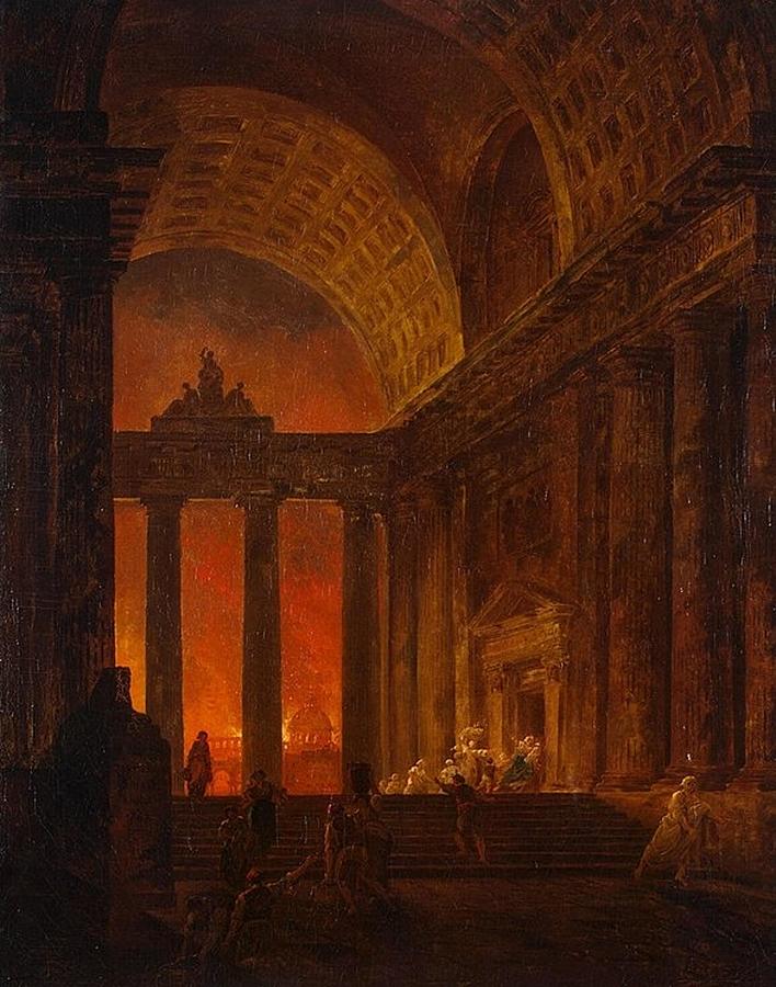 Hubert Robert - Fire of Rome Painting by Les Classics
