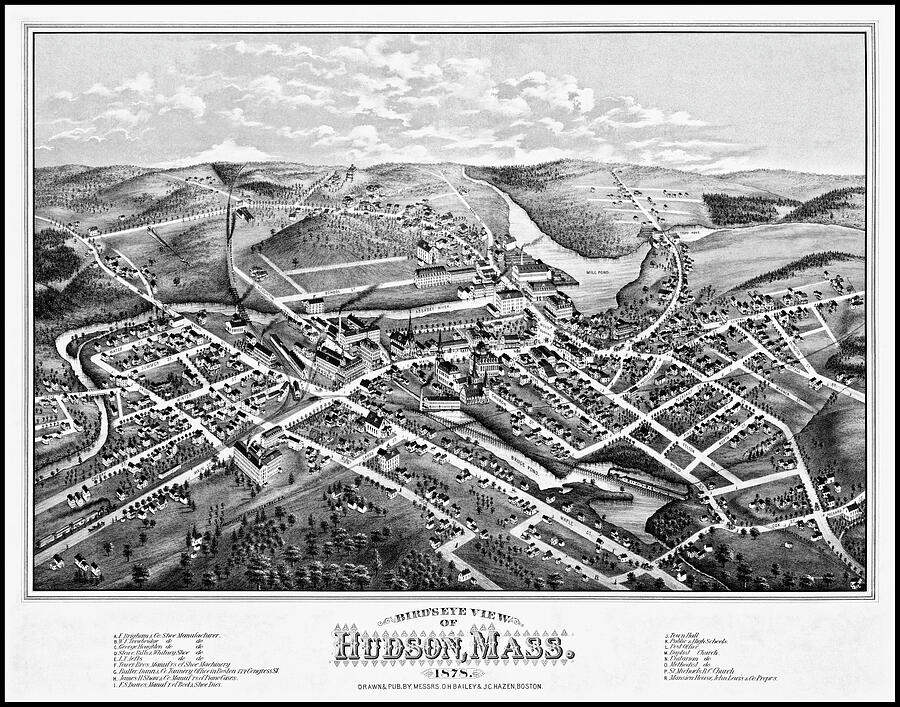 Hudson Massachusetts Vintage Map Birds Eye View 1878 Black and White ...