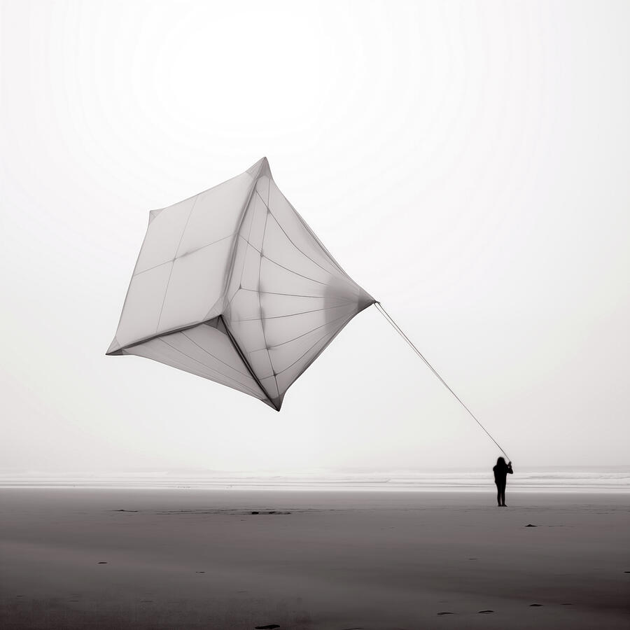 Black And White Digital Art - Huge Kite on the Beach in the Fog by Yo Pedro